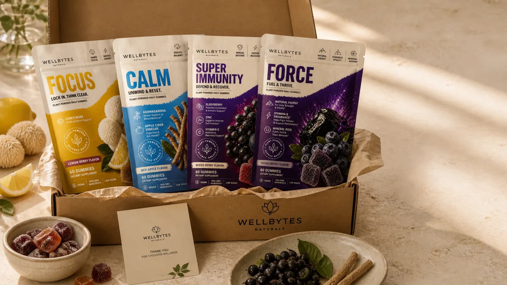 Open WellBytes bundle box with Focus, Clarity, Calm, Vital, Beauty, Bloom, and Force formulas arranged inside
