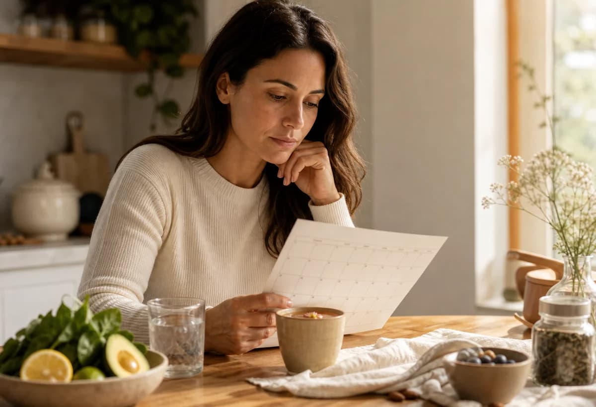 Editorial photo of a woman reviewing a simple wellness calendar beside tea and fresh produce