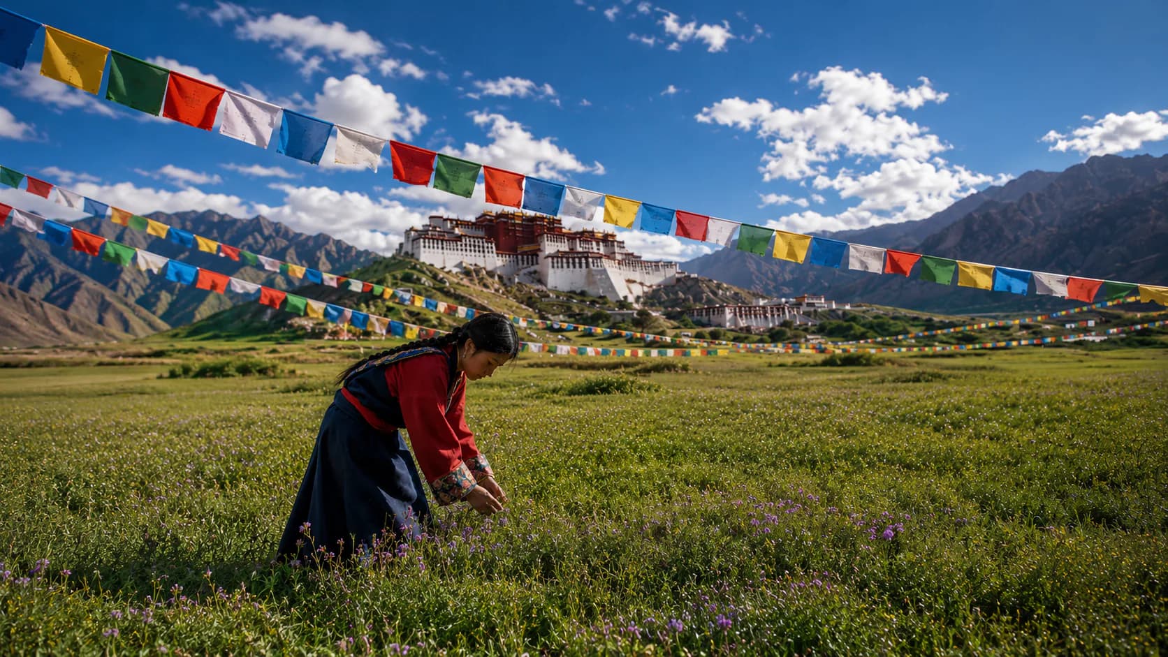 Woman gathering wildflowers in a Tibetan mountain meadow beneath prayer flags