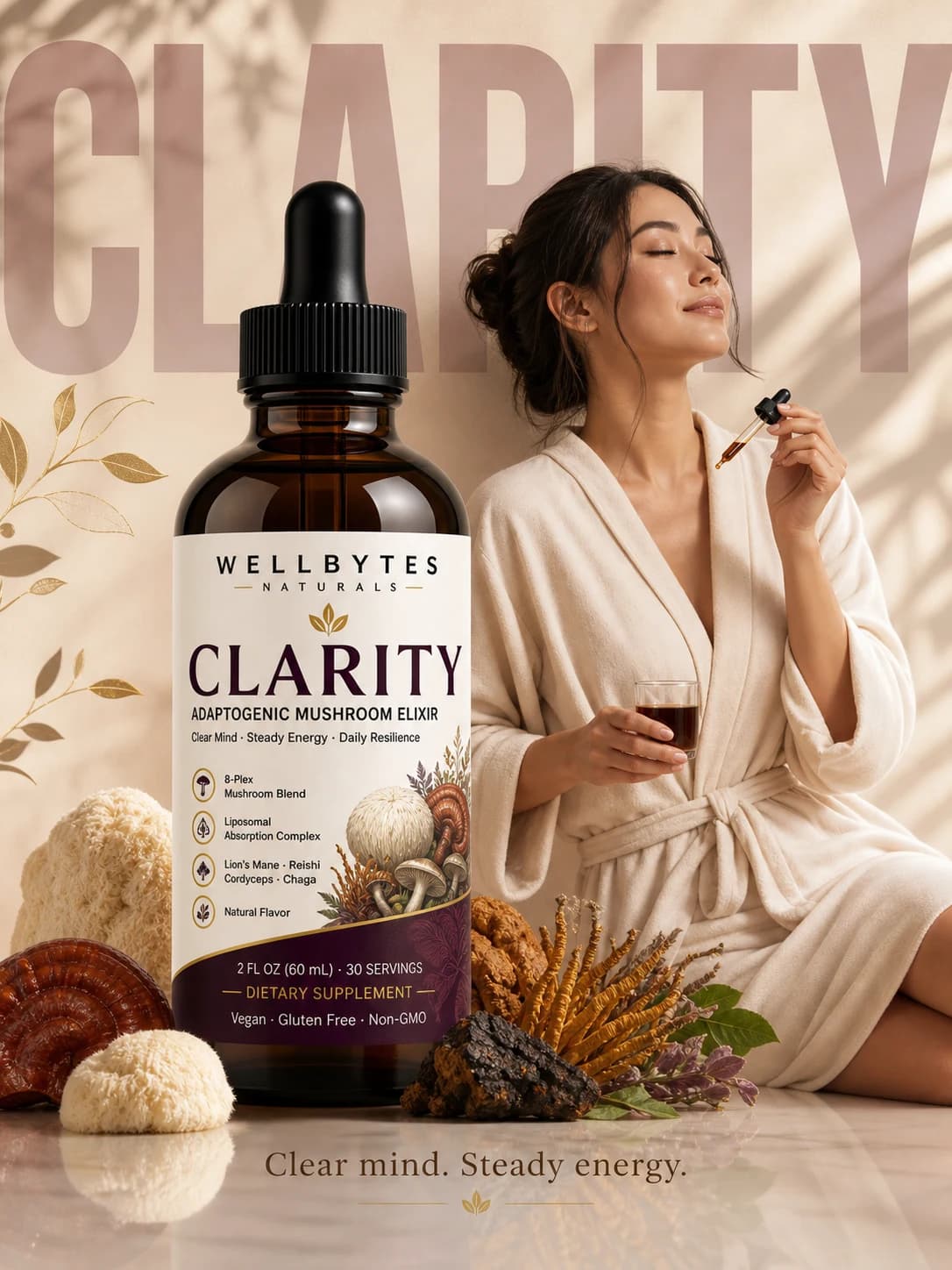 WellBytes Clarity adaptogenic mushroom elixir editorial ritual with bottle