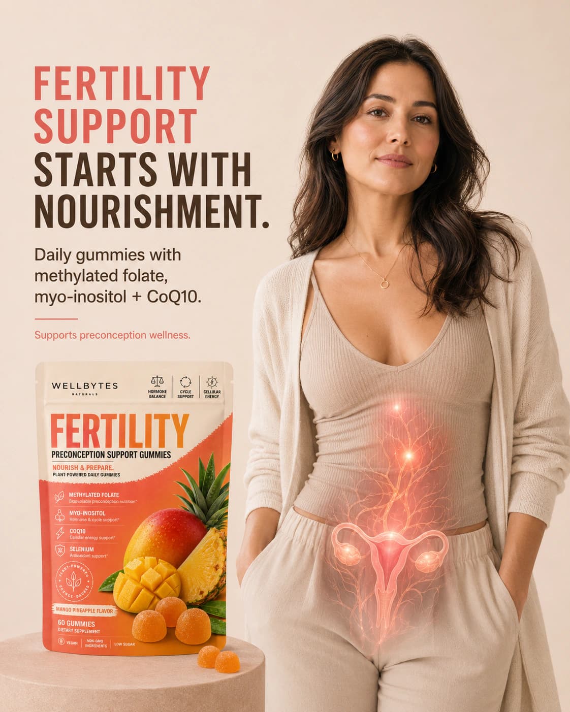 WellBytes Fertility support visual with Fertility gummies and preconception wellness cue