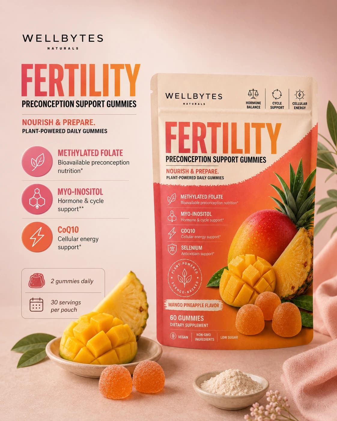 WellBytes Fertility preconception support visual with woman and nutrient-focused wellness callout