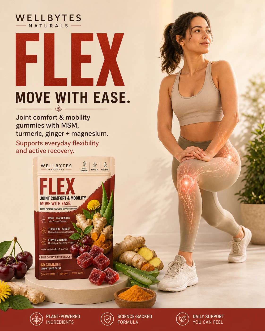 WellBytes Flex mobility support visual with Flex pouch and active joint comfort cue