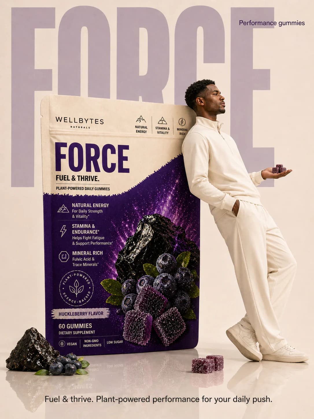 WellBytes Force editorial scene with Force gummies and pouch